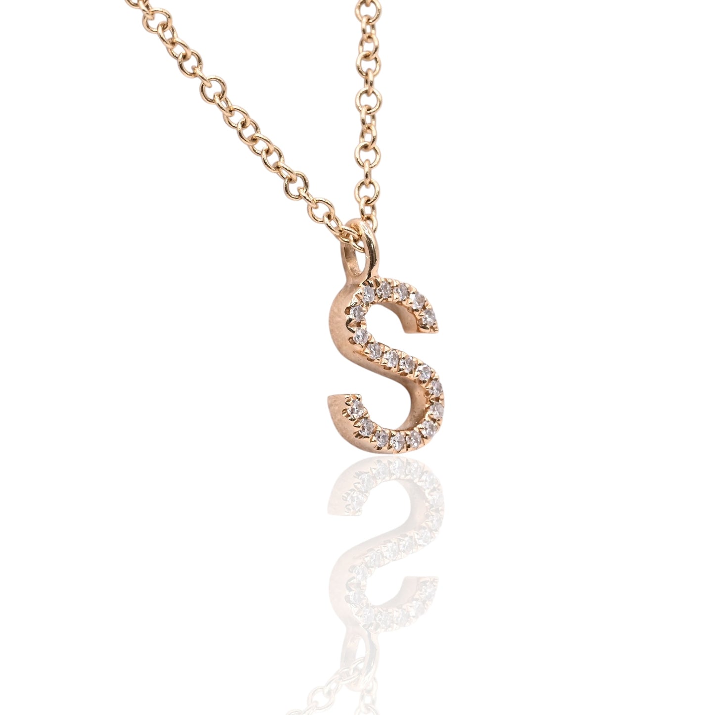 Letter 'S' Diamond Necklace and Bezel Accent Diamond 14K Yellow Gold with Adjustable Cable Chain 16in, 17in, and 18in 0.09cttw
