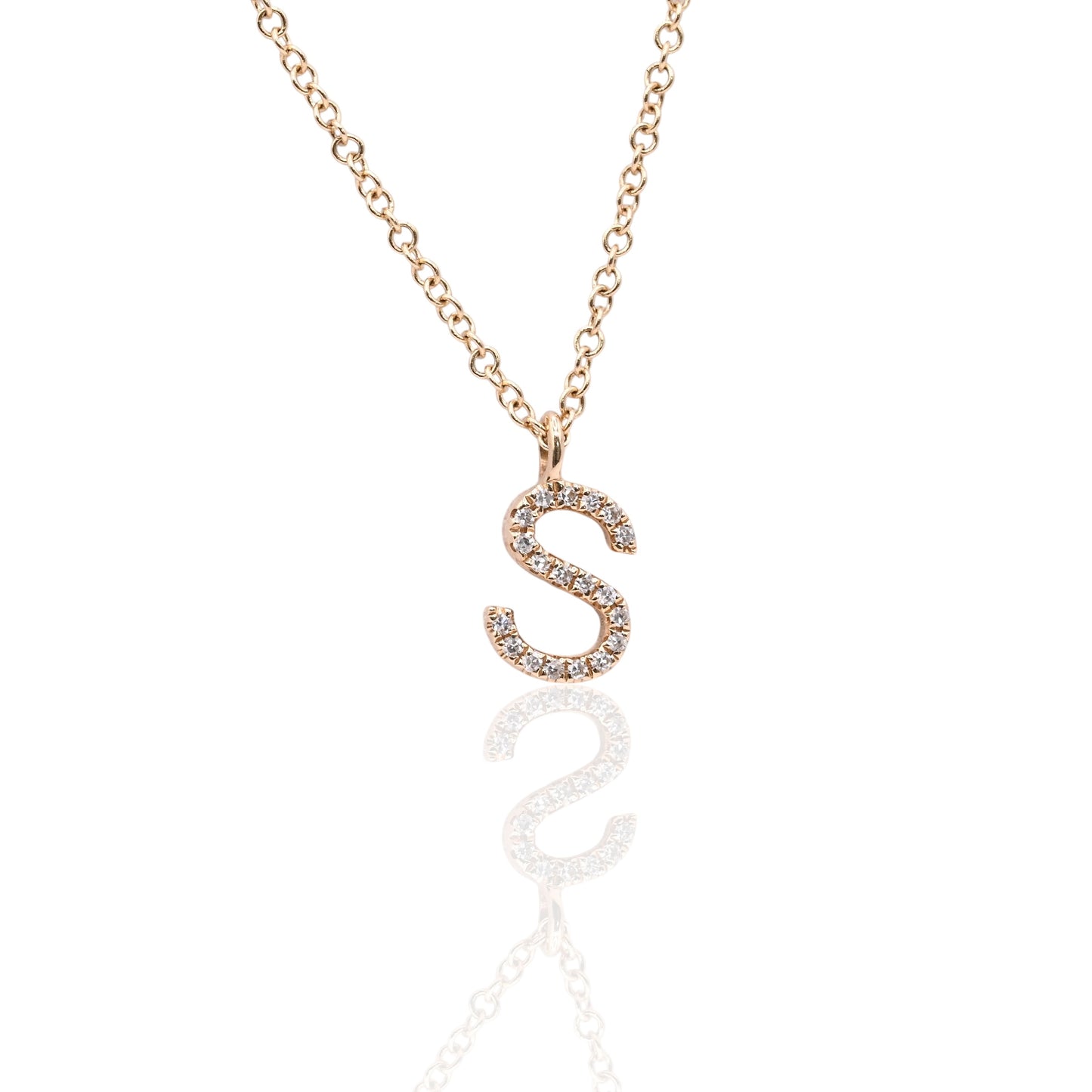 Letter 'S' Diamond Necklace and Bezel Accent Diamond 14K Yellow Gold with Adjustable Cable Chain 16in, 17in, and 18in 0.09cttw