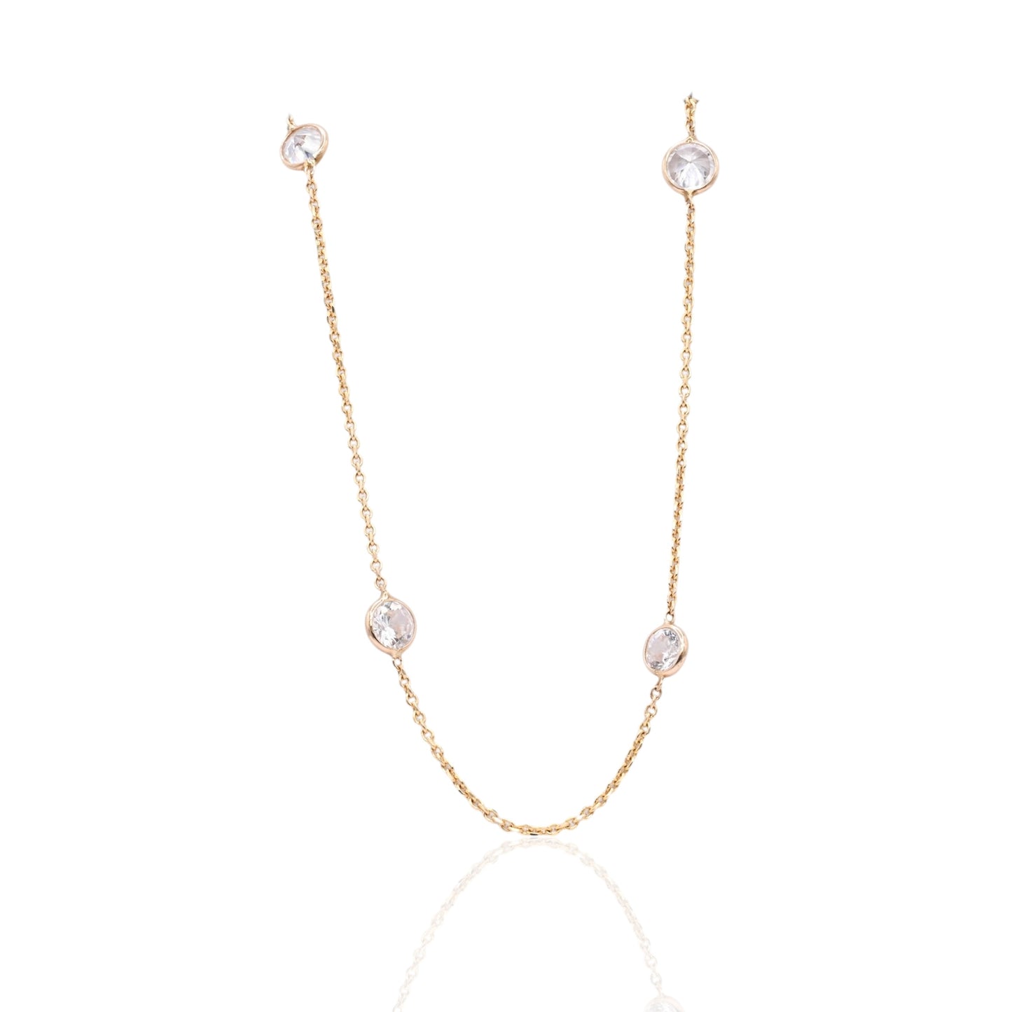 Bezel Station Cubic Zirconia Necklace 14K Yellow Gold with Diamond Cut Cable Chain 16in