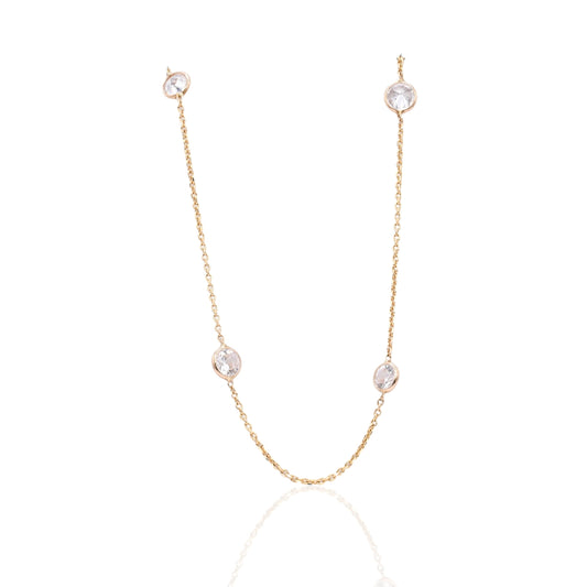 Bezel Station Cubic Zirconia Necklace 14K Yellow Gold with Diamond Cut Cable Chain 16in