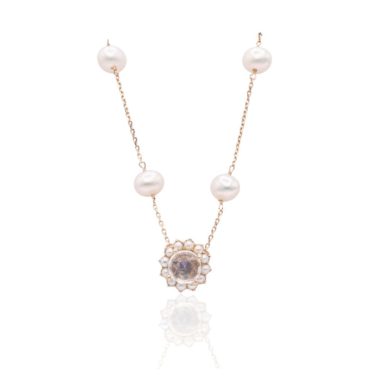 Moonstone with Bead Pearl Halo Necklace 14K Yellow Gold with Station Cultured Pearls 18.5in (Larrea Original)