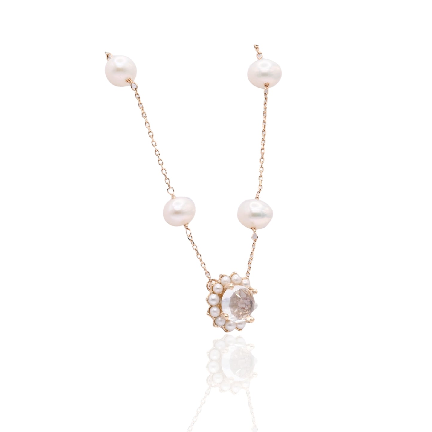 Moonstone with Bead Pearl Halo Necklace 14K Yellow Gold with Station Cultured Pearls 18.5in (Larrea Original)