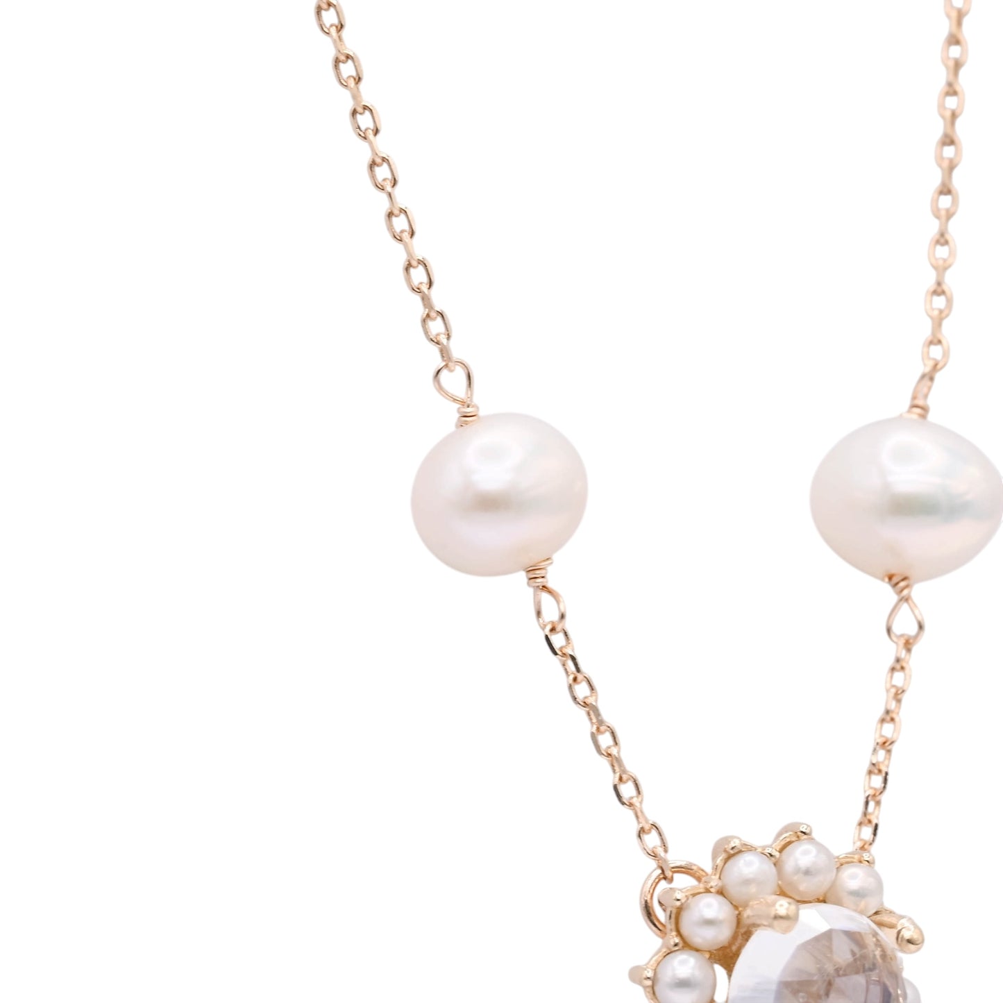 Moonstone with Bead Pearl Halo Necklace 14K Yellow Gold with Station Cultured Pearls 18.5in (Larrea Original)