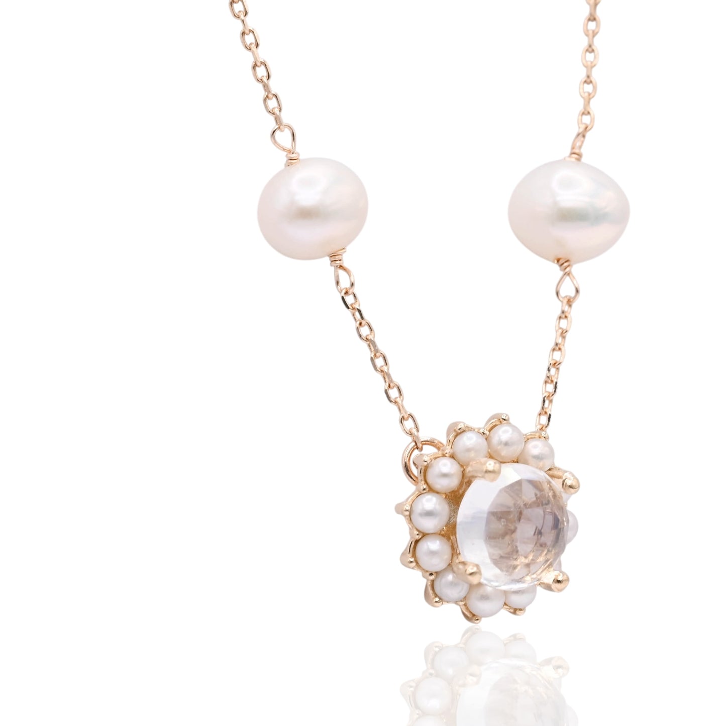 Moonstone with Bead Pearl Halo Necklace 14K Yellow Gold with Station Cultured Pearls 18.5in (Larrea Original)