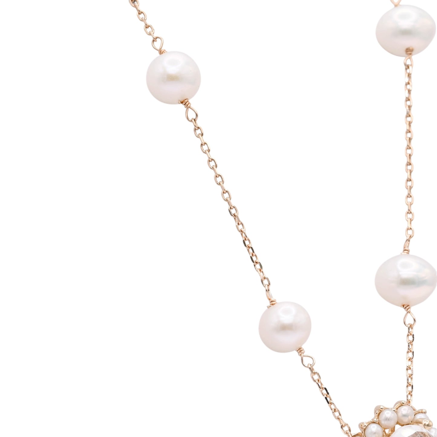 Moonstone with Bead Pearl Halo Necklace 14K Yellow Gold with Station Cultured Pearls 18.5in (Larrea Original)