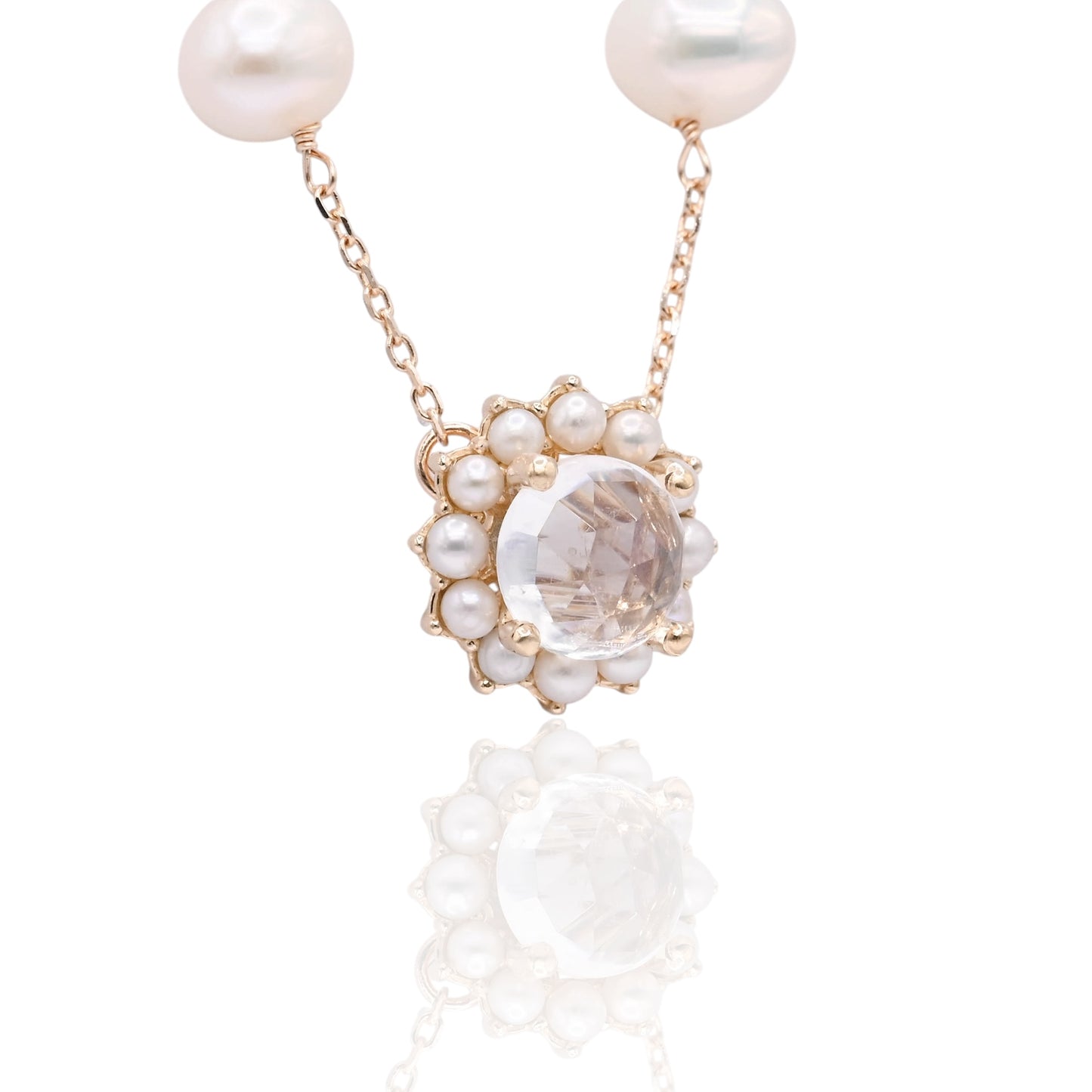 Moonstone with Bead Pearl Halo Necklace 14K Yellow Gold with Station Cultured Pearls 18.5in (Larrea Original)