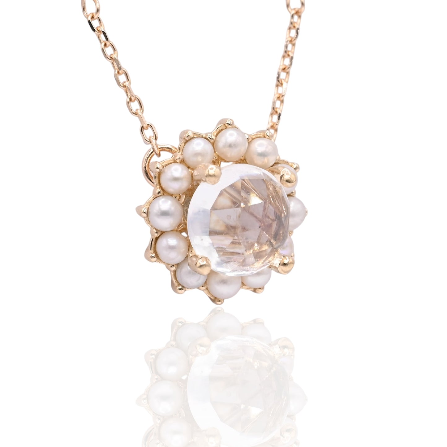 Moonstone with Bead Pearl Halo Necklace 14K Yellow Gold with Station Cultured Pearls 18.5in (Larrea Original)