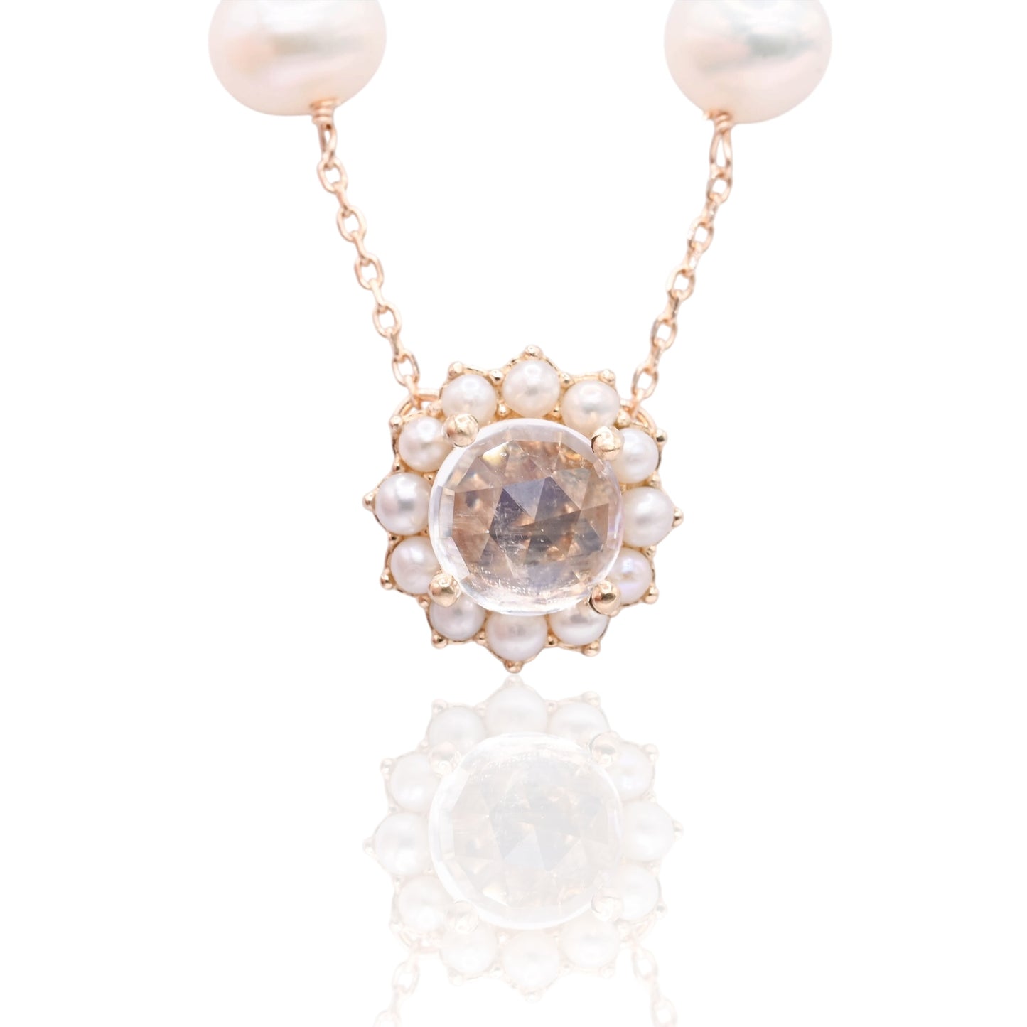 Moonstone with Bead Pearl Halo Necklace 14K Yellow Gold with Station Cultured Pearls 18.5in (Larrea Original)