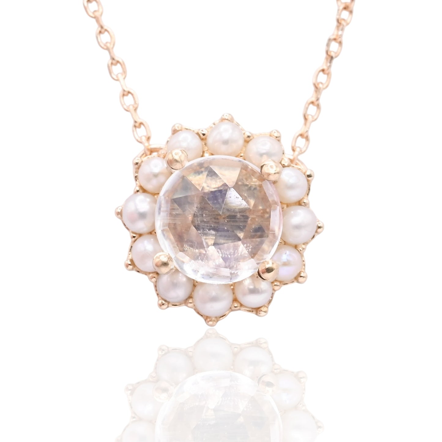 Moonstone with Bead Pearl Halo Necklace 14K Yellow Gold with Station Cultured Pearls 18.5in (Larrea Original)