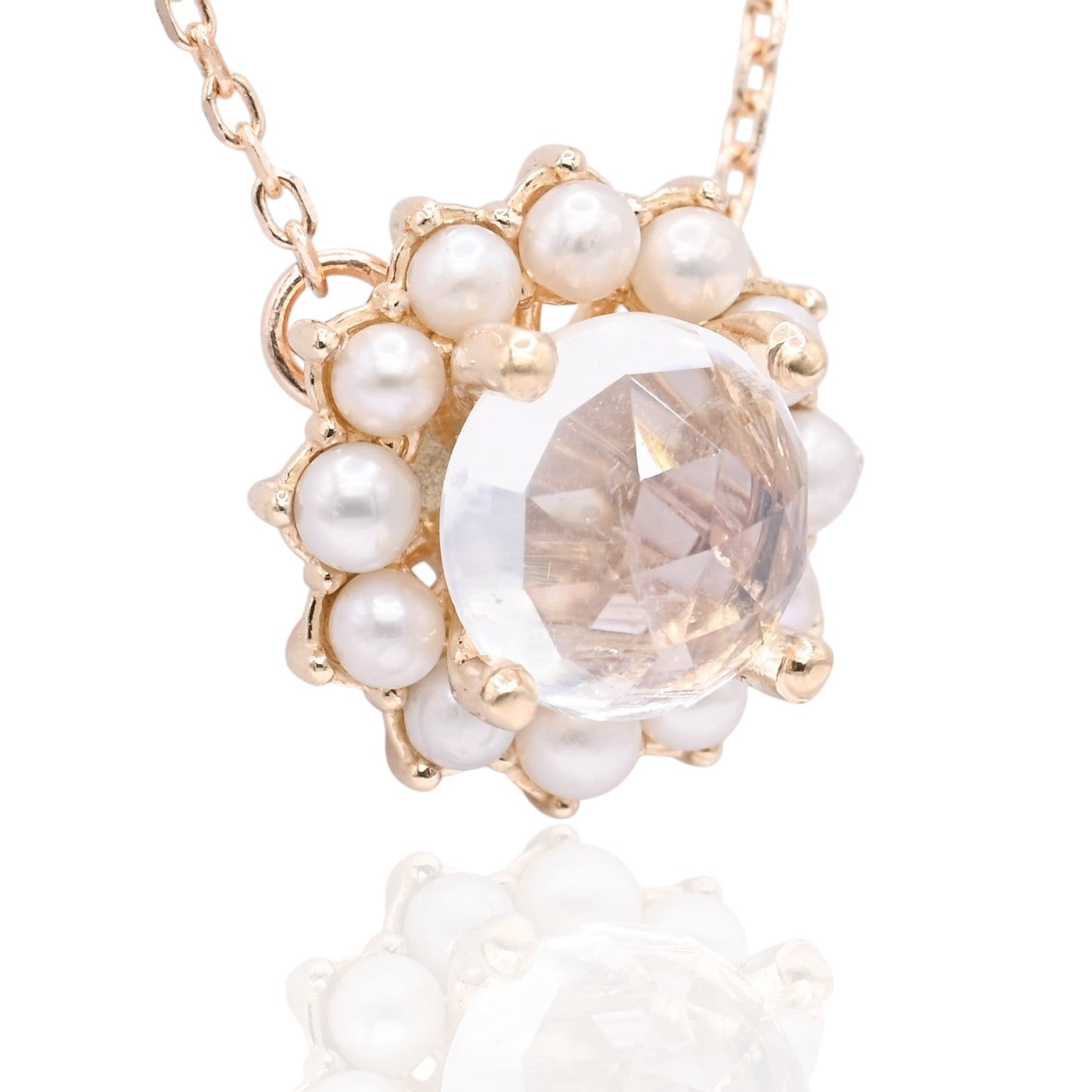 Moonstone with Bead Pearl Halo Necklace 14K Yellow Gold with Station Cultured Pearls 18.5in (Larrea Original)
