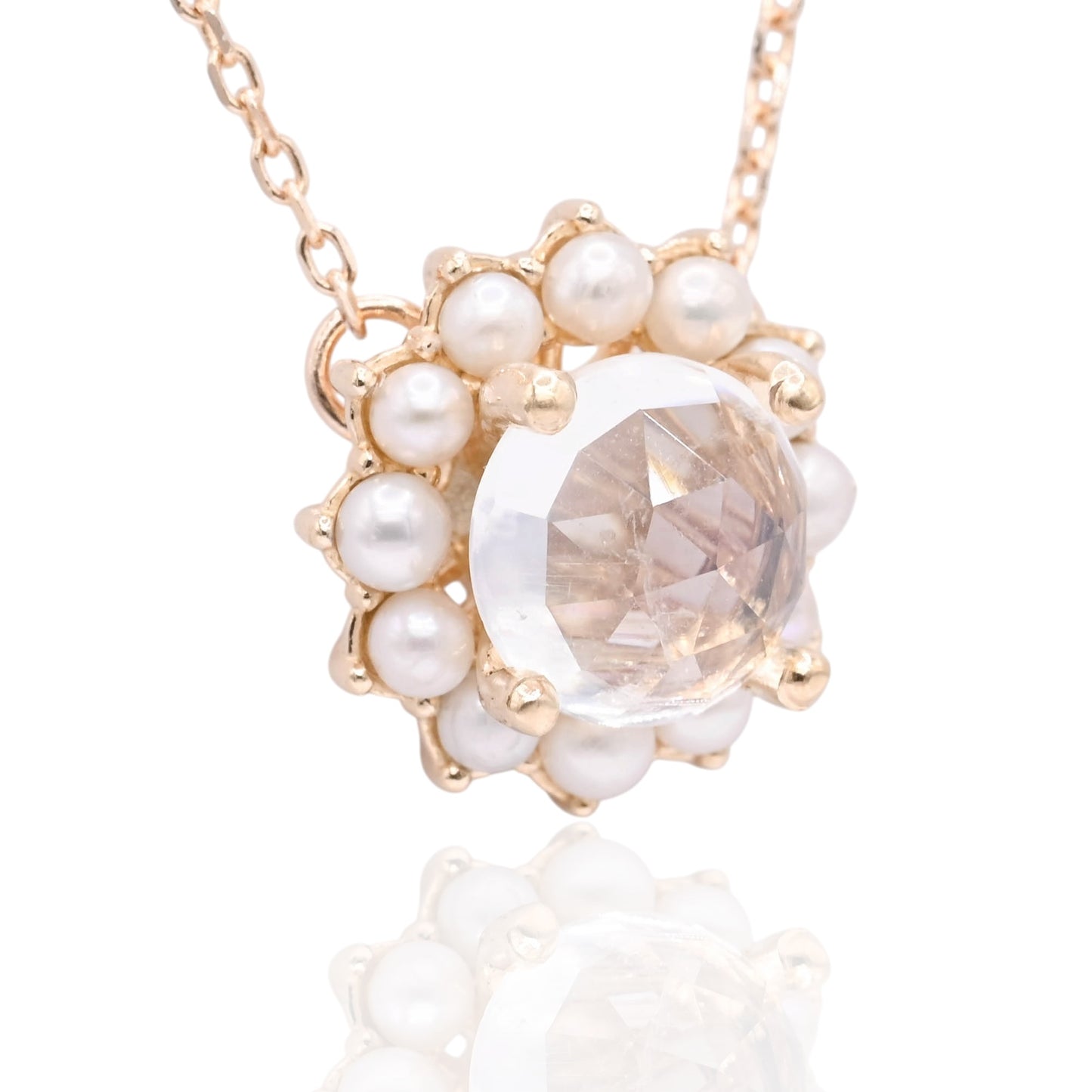 Moonstone with Bead Pearl Halo Necklace 14K Yellow Gold with Station Cultured Pearls 18.5in (Larrea Original)