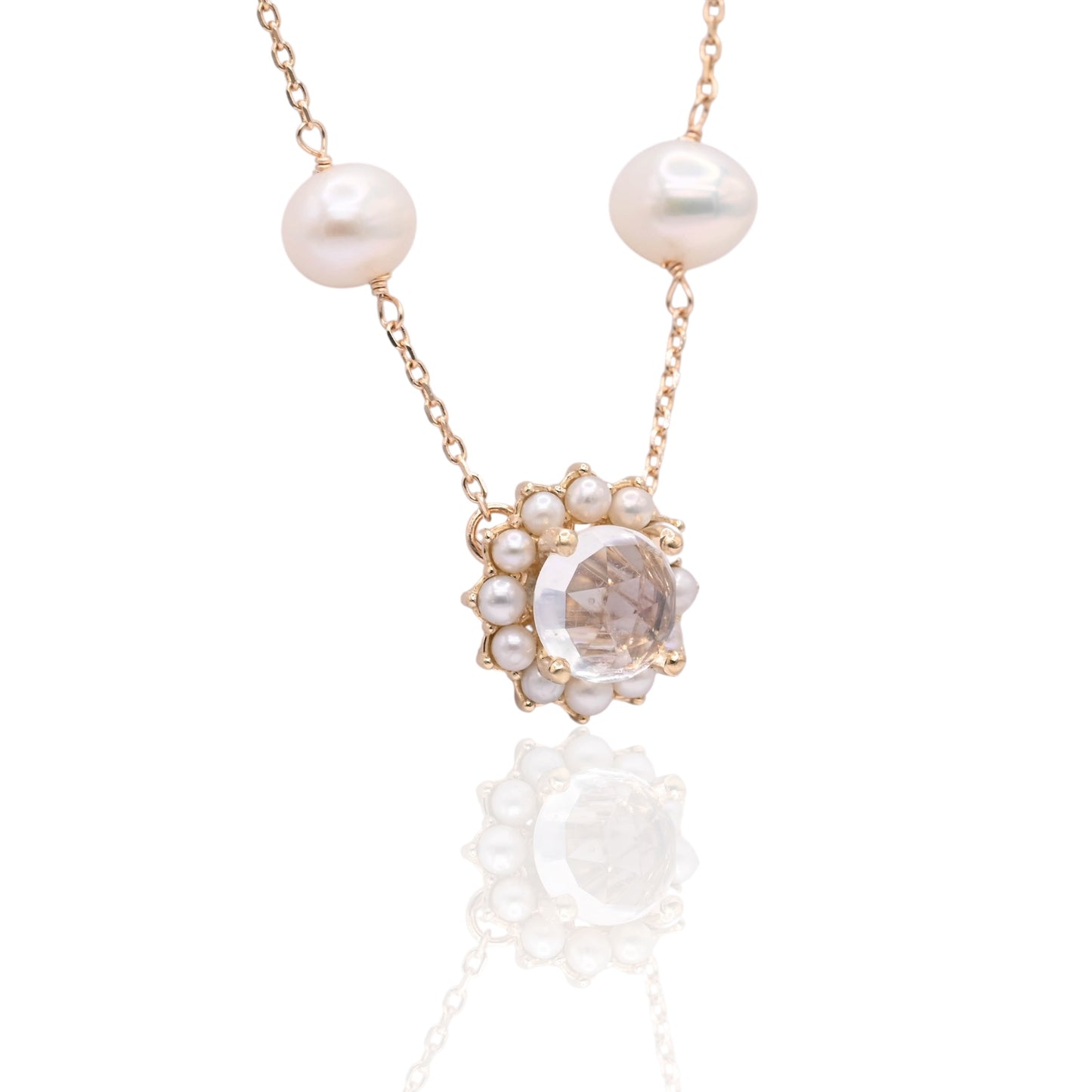 Moonstone with Bead Pearl Halo Necklace 14K Yellow Gold with Station Cultured Pearls 18.5in (Larrea Original)