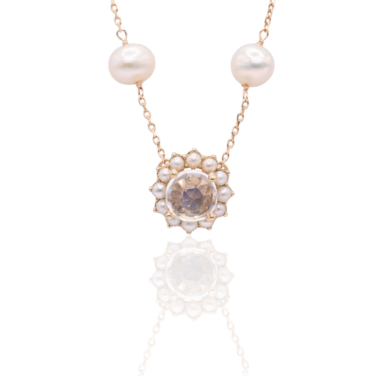 Moonstone with Bead Pearl Halo Necklace 14K Yellow Gold with Station Cultured Pearls 18.5in (Larrea Original)