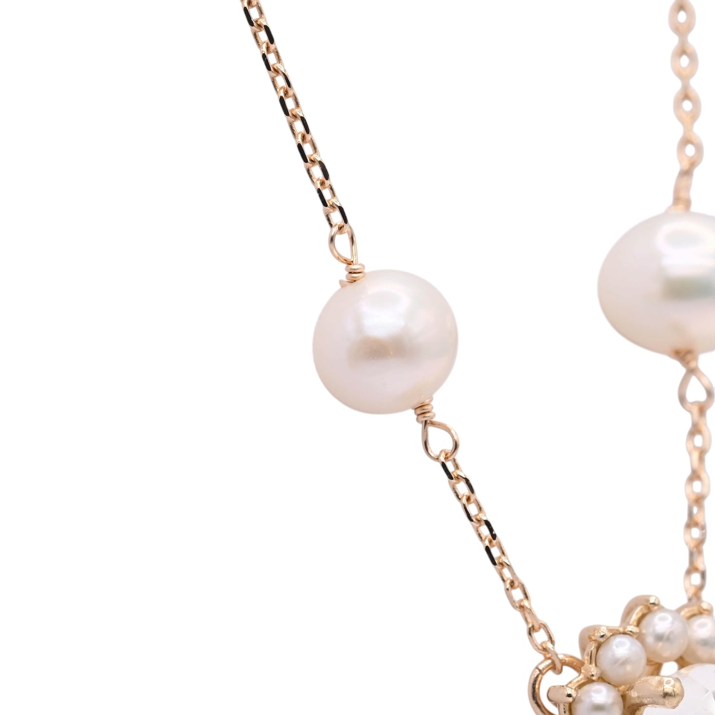 Moonstone with Bead Pearl Halo Necklace 14K Yellow Gold with Station Cultured Pearls 18.5in (Larrea Original)