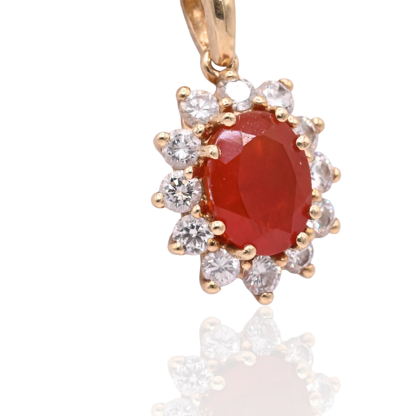 Fire Opal and Diamond Halo Pendant 14K Yellow Gold 0.85ct Fire Opal/0.36cttw DIA (Larrea Original)