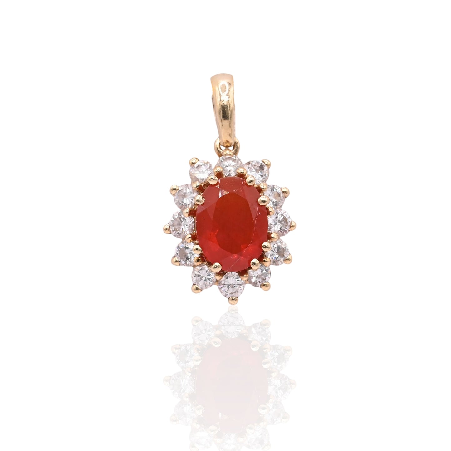 Fire Opal and Diamond Halo Pendant 14K Yellow Gold 0.85ct Fire Opal/0.36cttw DIA (Larrea Original)