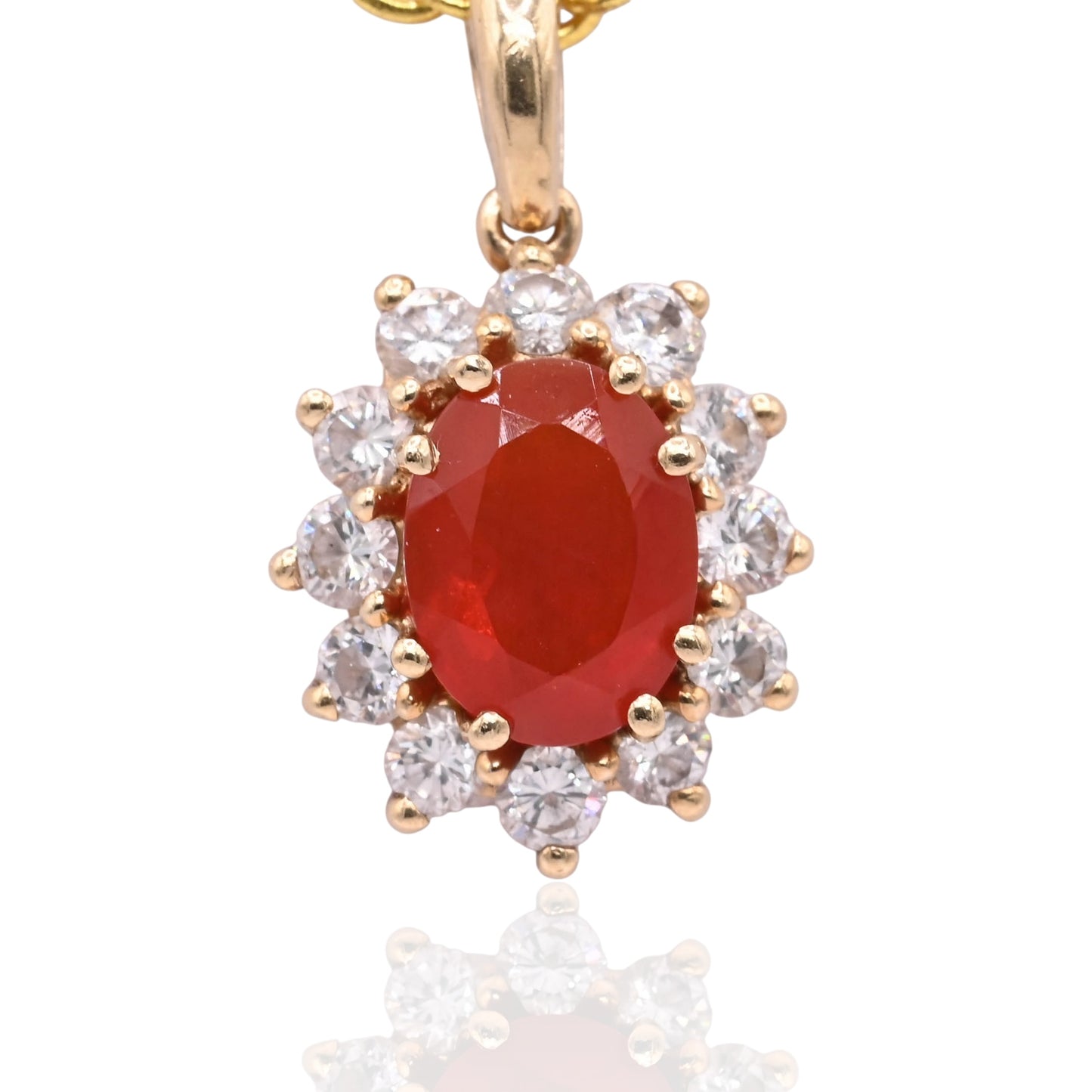 Fire Opal and Diamond Halo Pendant 14K Yellow Gold 0.85ct Fire Opal/0.36cttw DIA (Larrea Original)
