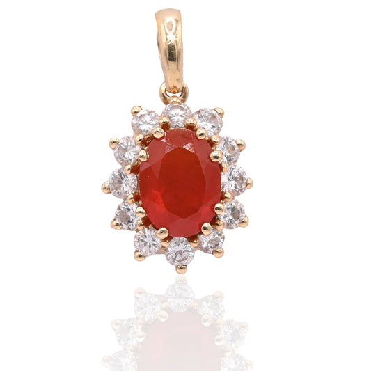 Fire Opal and Diamond Halo Pendant 14K Yellow Gold 0.85ct Fire Opal/0.36cttw DIA (Larrea Original)