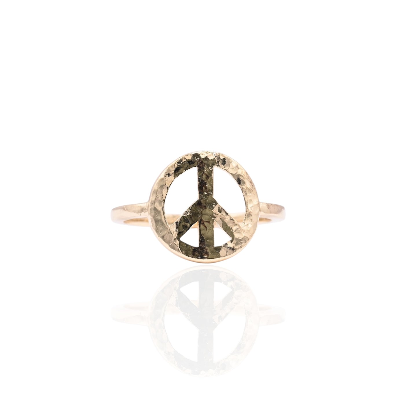 Hammered Peace Sign Ring 14K Yellow Gold Size 9 (Larrea Original)