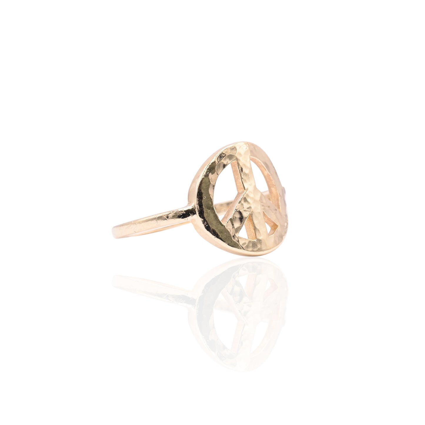 Hammered Peace Sign Ring 14K Yellow Gold Size 9 (Larrea Original)