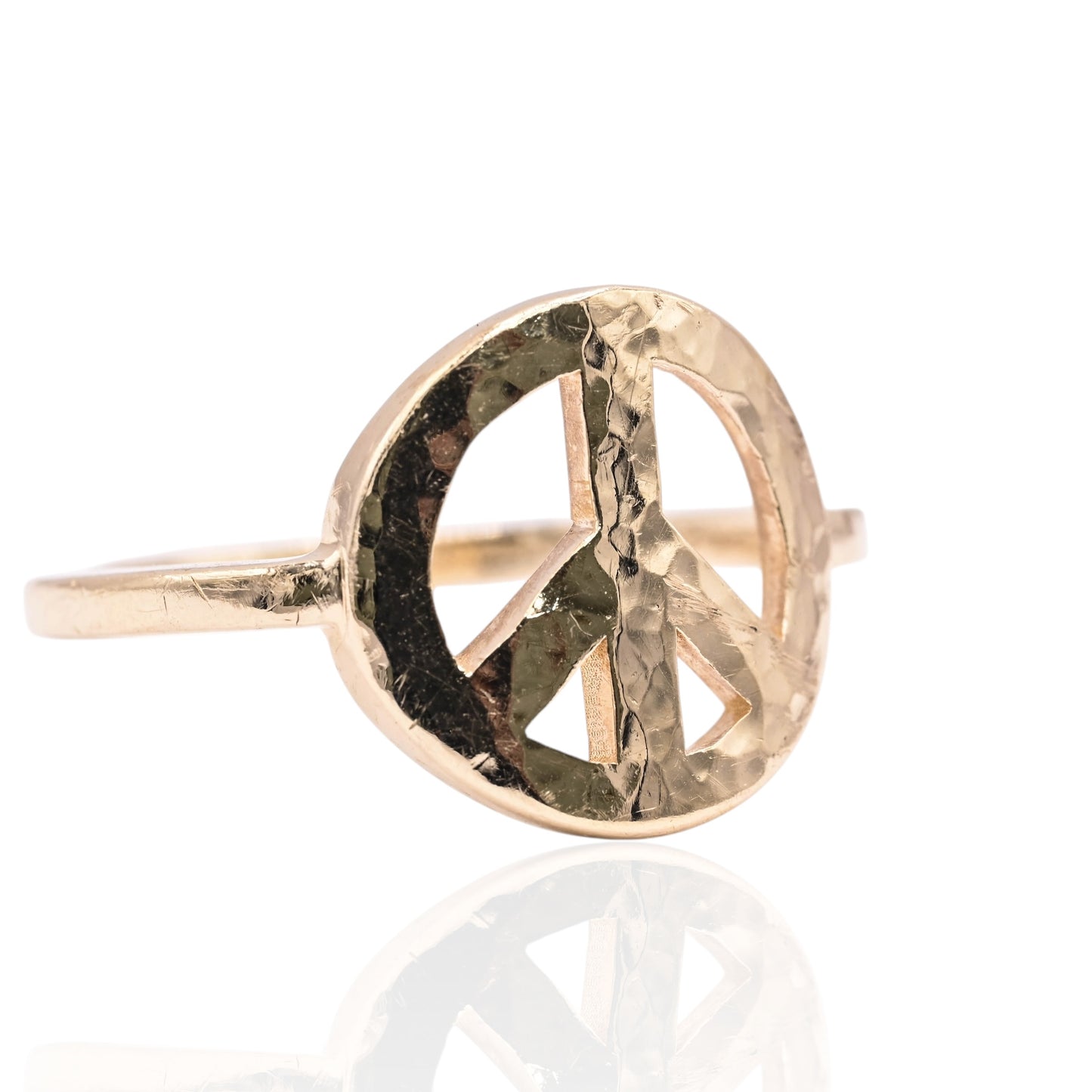 Hammered Peace Sign Ring 14K Yellow Gold Size 9 (Larrea Original)