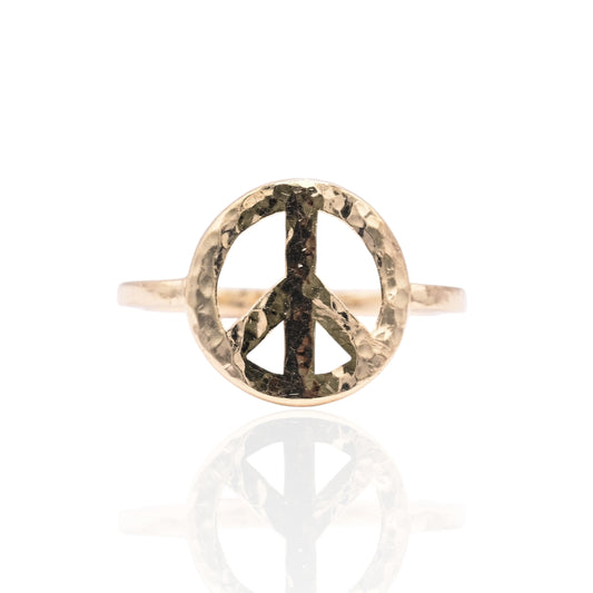 Hammered Peace Sign Ring 14K Yellow Gold Size 9 (Larrea Original)