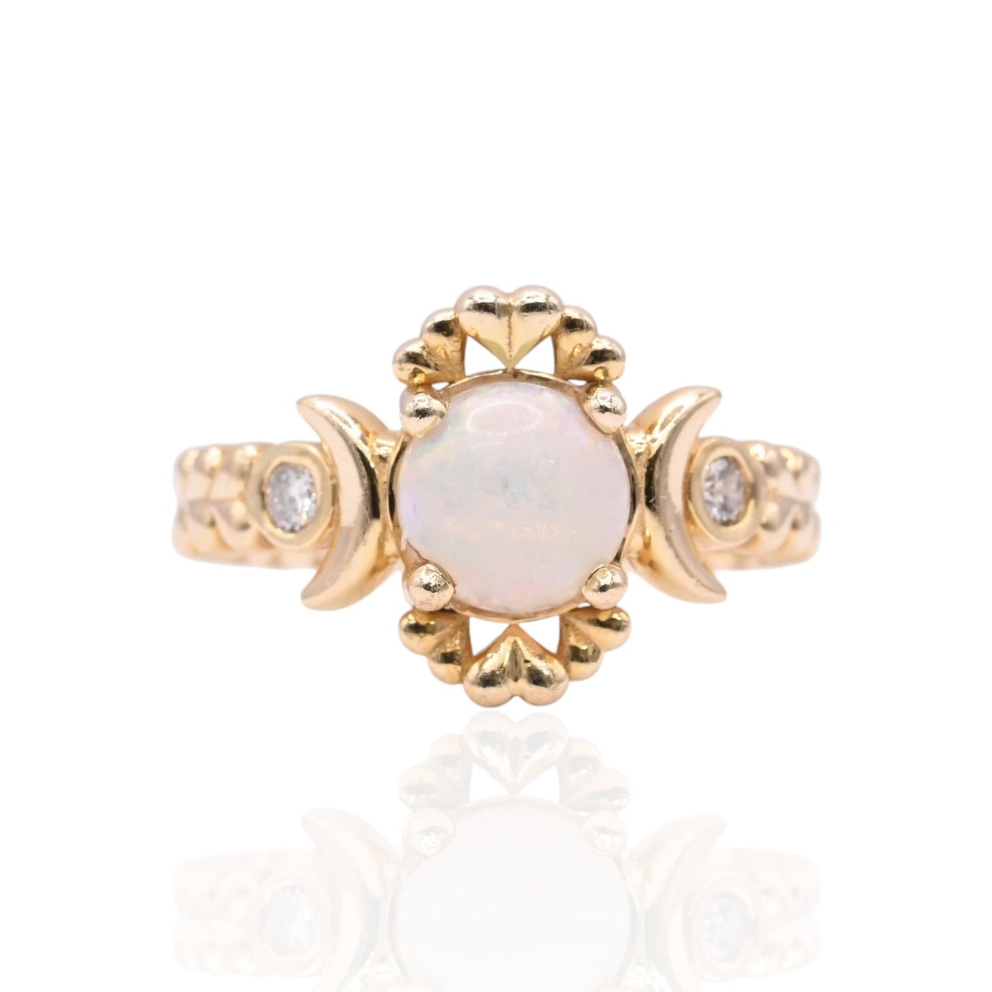 Heart and Moon Opal Ring with Bezel Accent Diamonds 14K Yellow Gold Size 6.75 0.03cttw Diamonds (Larrea Original)