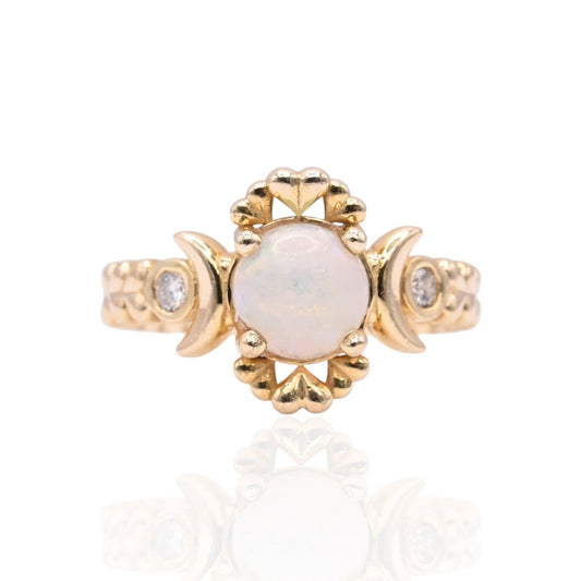 Heart and Moon Opal Ring with Bezel Accent Diamonds 14K Yellow Gold Size 6.75 0.03cttw Diamonds (Larrea Original)
