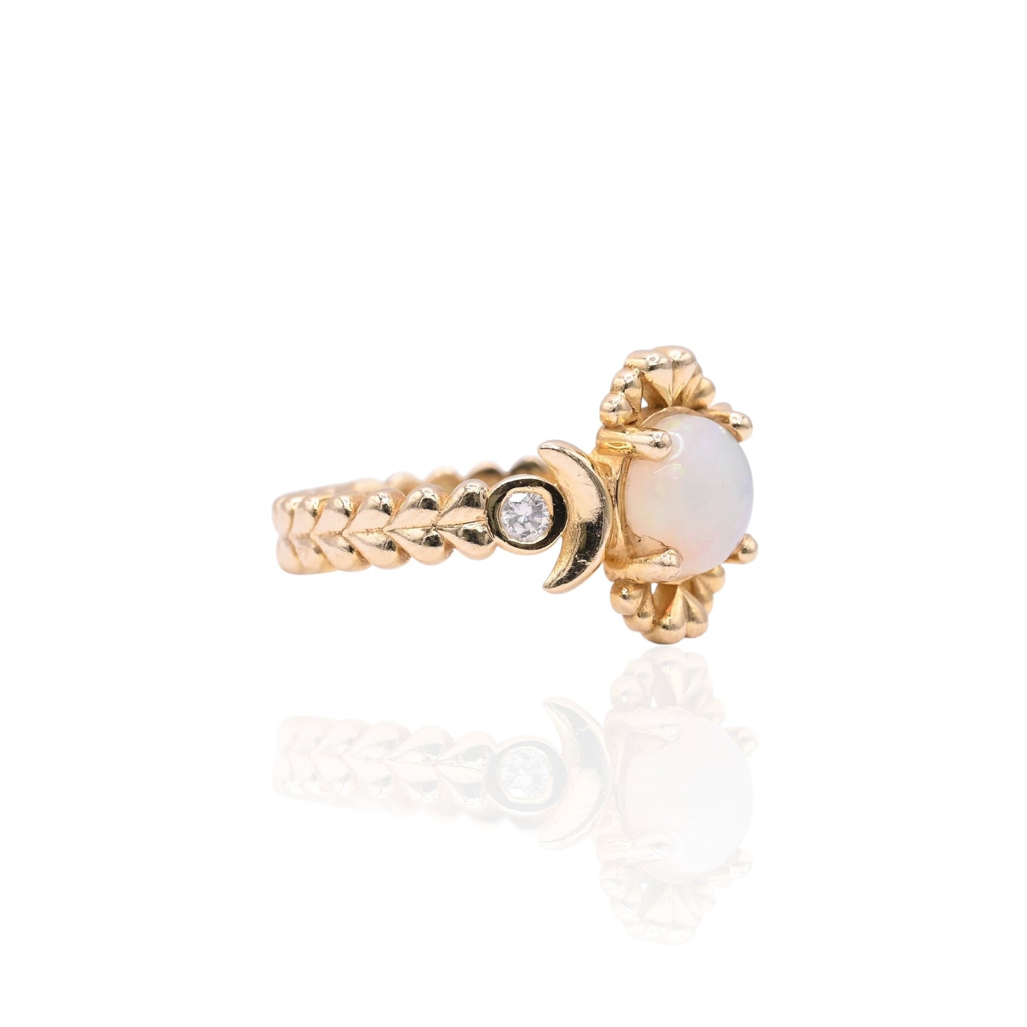 Heart and Moon Opal Ring with Bezel Accent Diamonds 14K Yellow Gold Size 6.75 0.03cttw Diamonds (Larrea Original)