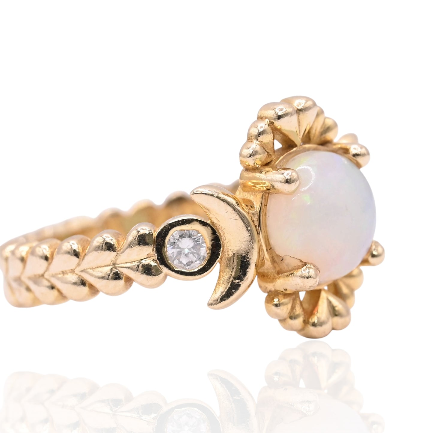 Heart and Moon Opal Ring with Bezel Accent Diamonds 14K Yellow Gold Size 6.75 0.03cttw Diamonds (Larrea Original)
