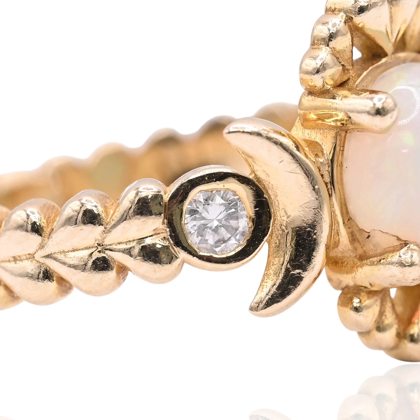 Heart and Moon Opal Ring with Bezel Accent Diamonds 14K Yellow Gold Size 6.75 0.03cttw Diamonds (Larrea Original)