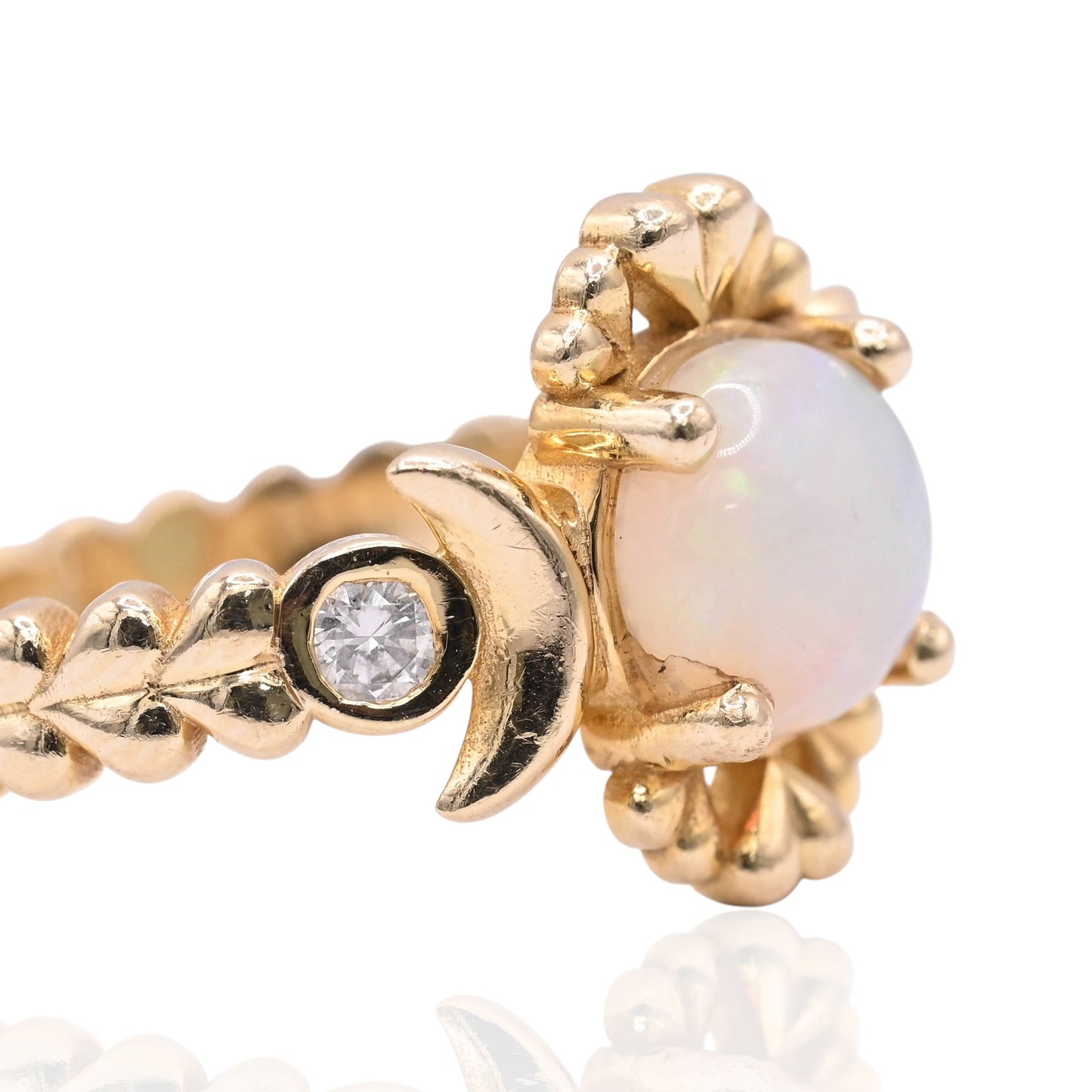 Heart and Moon Opal Ring with Bezel Accent Diamonds 14K Yellow Gold Size 6.75 0.03cttw Diamonds (Larrea Original)