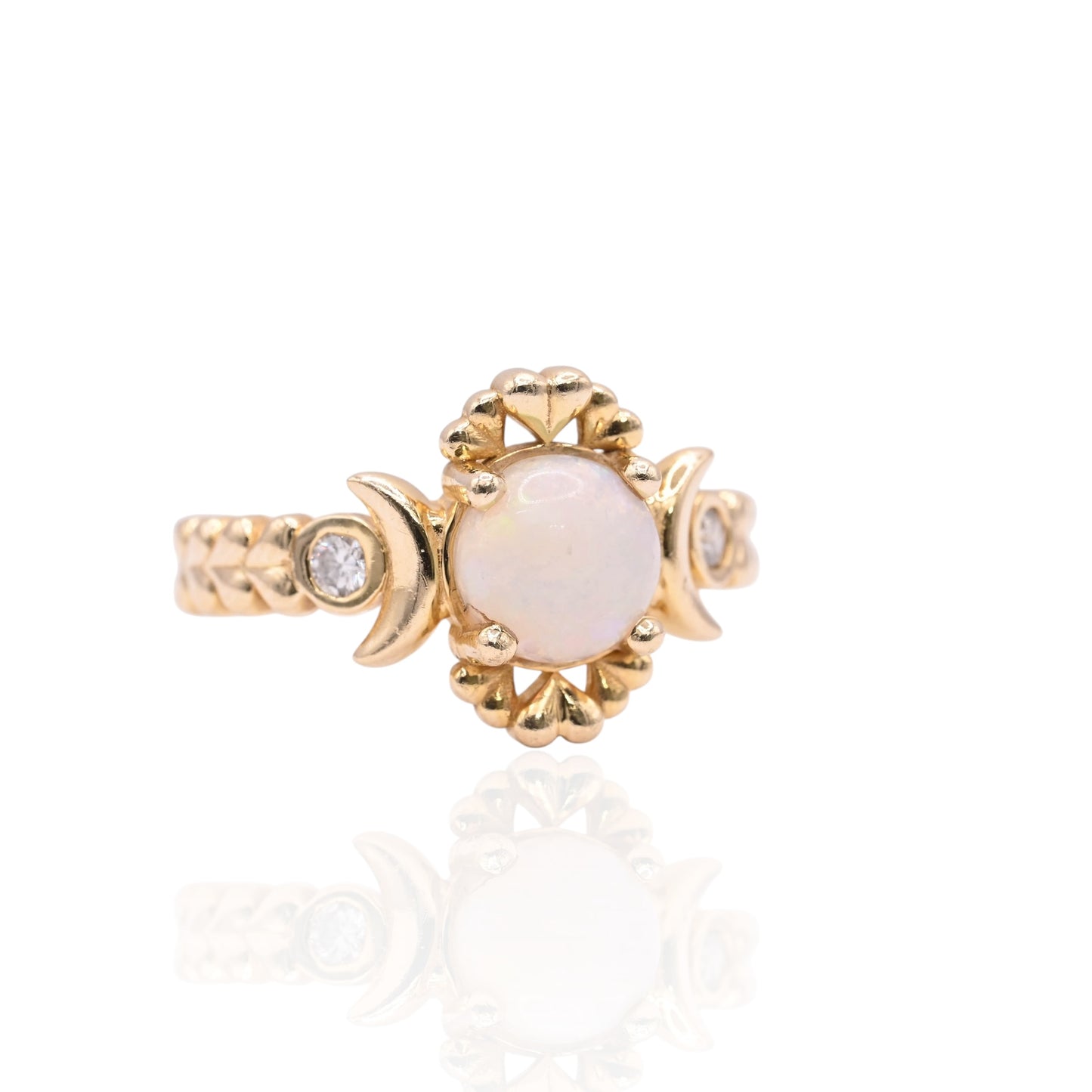 Heart and Moon Opal Ring with Bezel Accent Diamonds 14K Yellow Gold Size 6.75 0.03cttw Diamonds (Larrea Original)