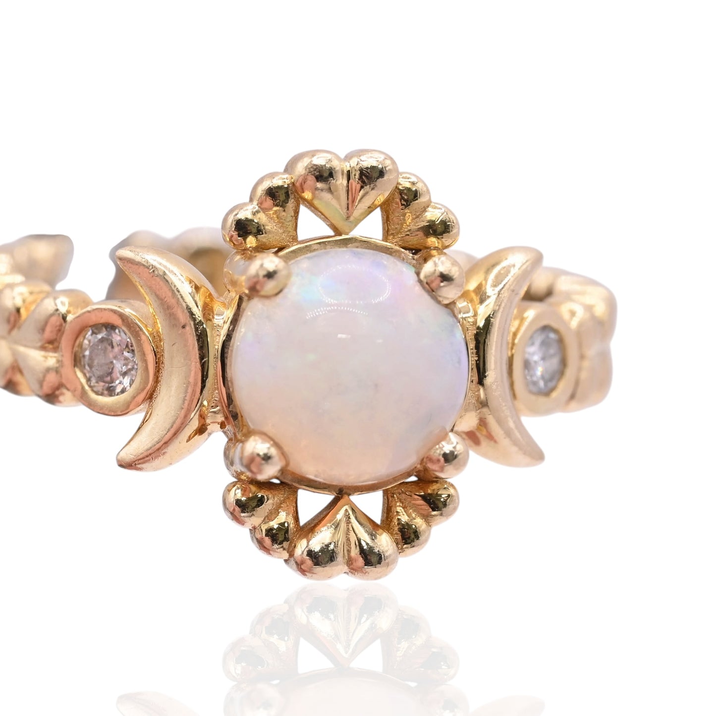 Heart and Moon Opal Ring with Bezel Accent Diamonds 14K Yellow Gold Size 6.75 0.03cttw Diamonds (Larrea Original)