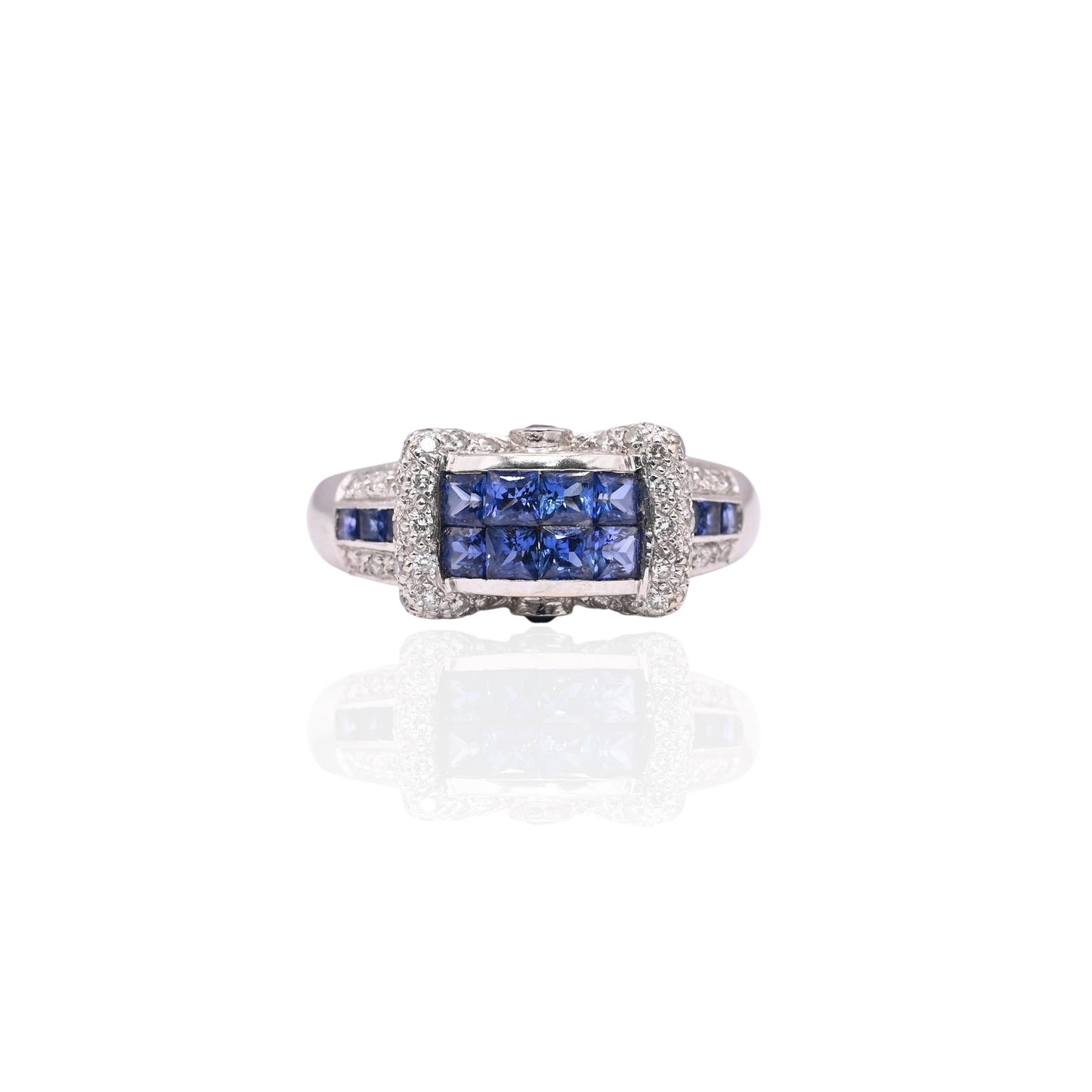 Princess Cut Sapphire Ring with Diamonds 18K White Gold Size 9 1.04cttw Sapphires/0.26cttw Diamonds