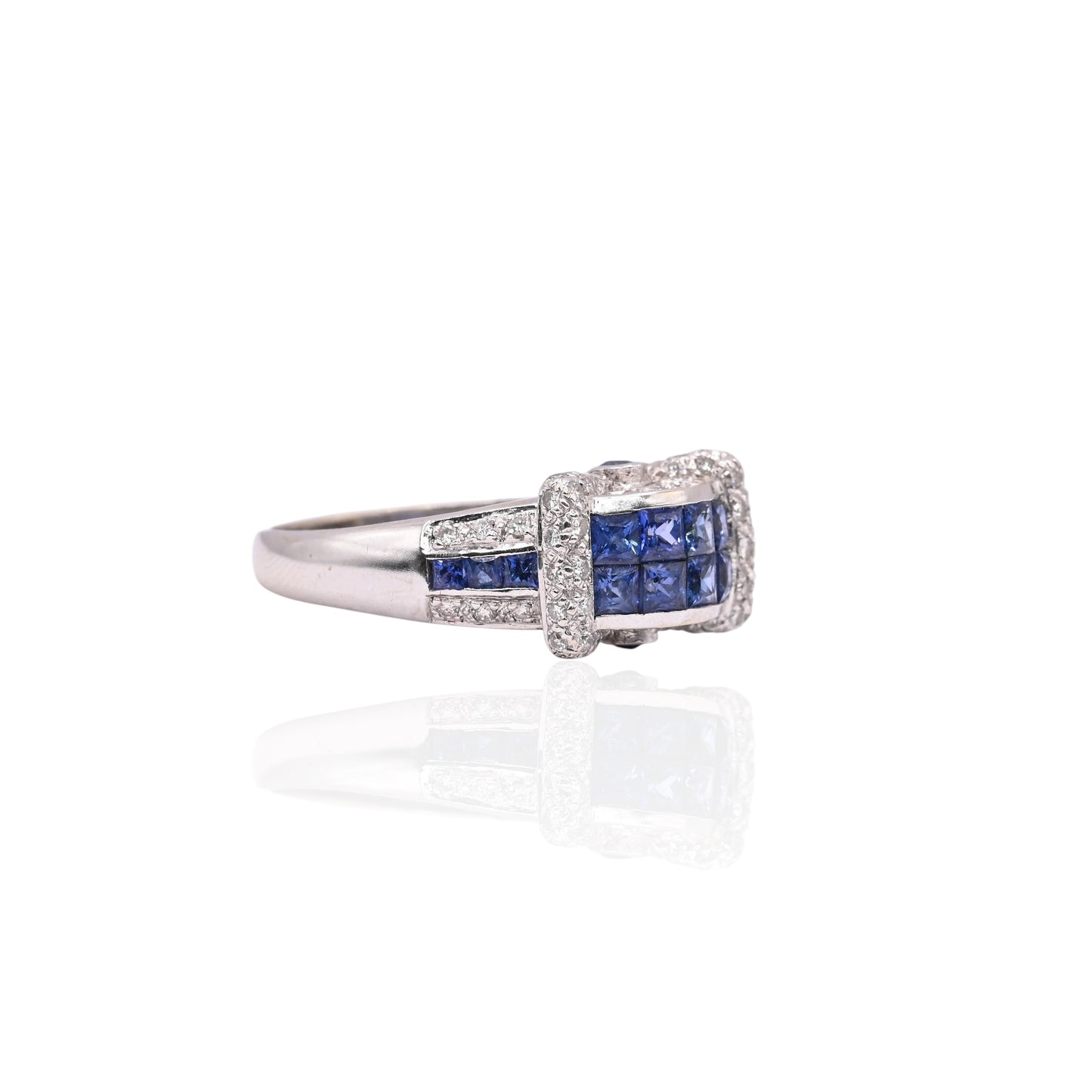 Princess Cut Sapphire Ring with Diamonds 18K White Gold Size 9 1.04cttw Sapphires/0.26cttw Diamonds