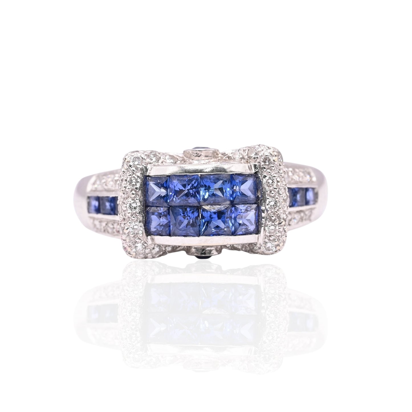 Princess Cut Sapphire Ring with Diamonds 18K White Gold Size 9 1.04cttw Sapphires/0.26cttw Diamonds