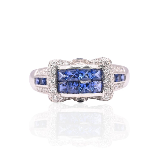 Princess Cut Sapphire Ring with Diamonds 18K White Gold Size 9 1.04cttw Sapphires/0.26cttw Diamonds