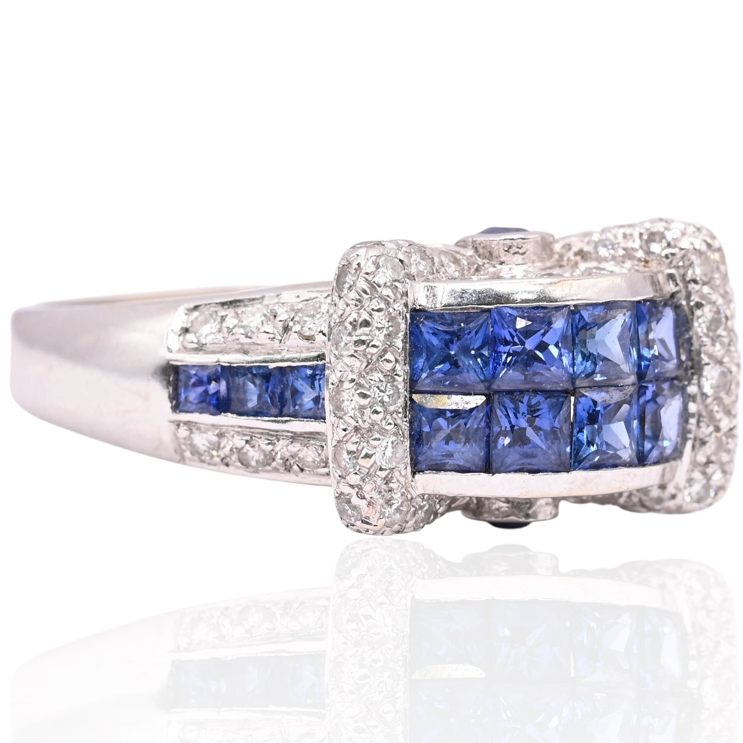 Princess Cut Sapphire Ring with Diamonds 18K White Gold Size 9 1.04cttw Sapphires/0.26cttw Diamonds