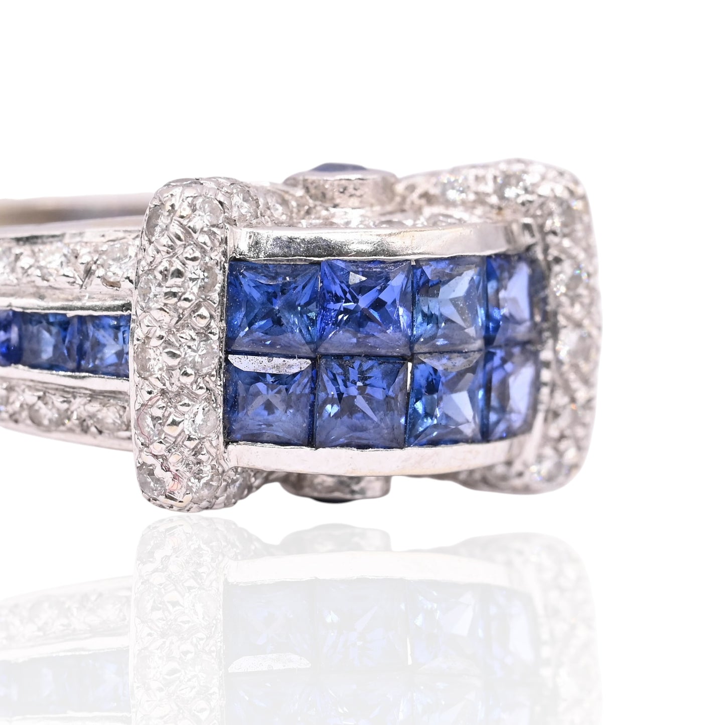 Princess Cut Sapphire Ring with Diamonds 18K White Gold Size 9 1.04cttw Sapphires/0.26cttw Diamonds