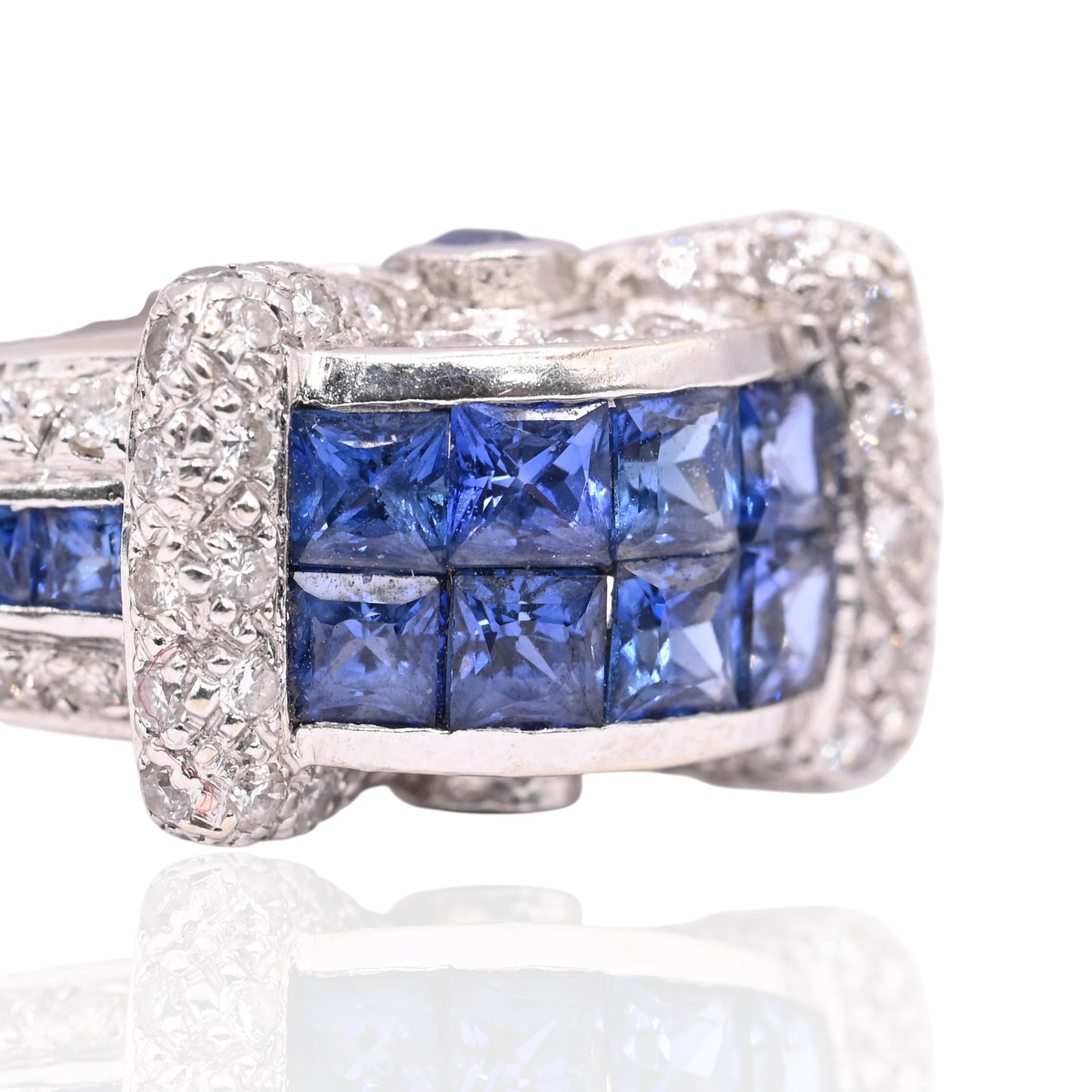 Princess Cut Sapphire Ring with Diamonds 18K White Gold Size 9 1.04cttw Sapphires/0.26cttw Diamonds
