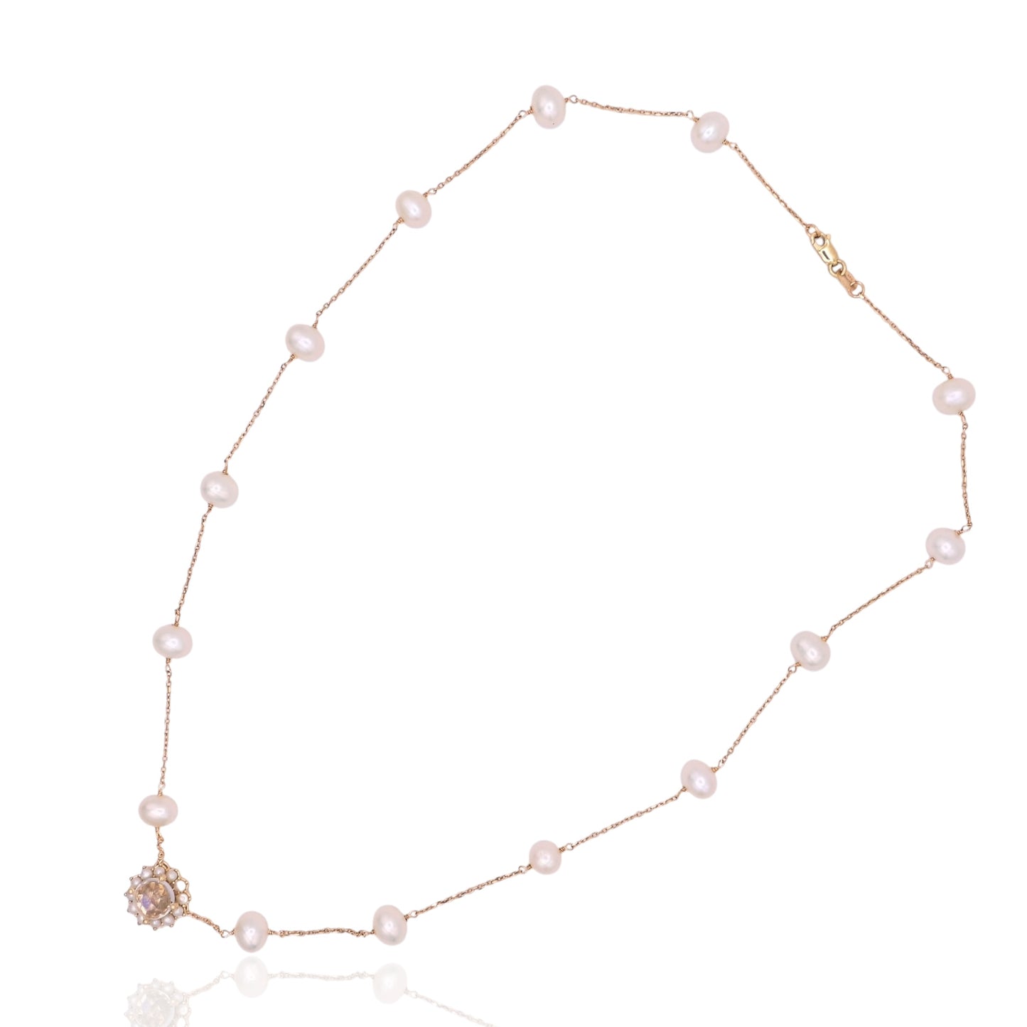 Moonstone with Bead Pearl Halo Necklace 14K Yellow Gold with Station Cultured Pearls 18.5in (Larrea Original)