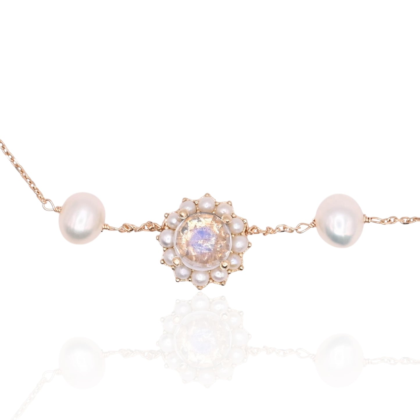 Moonstone with Bead Pearl Halo Necklace 14K Yellow Gold with Station Cultured Pearls 18.5in (Larrea Original)
