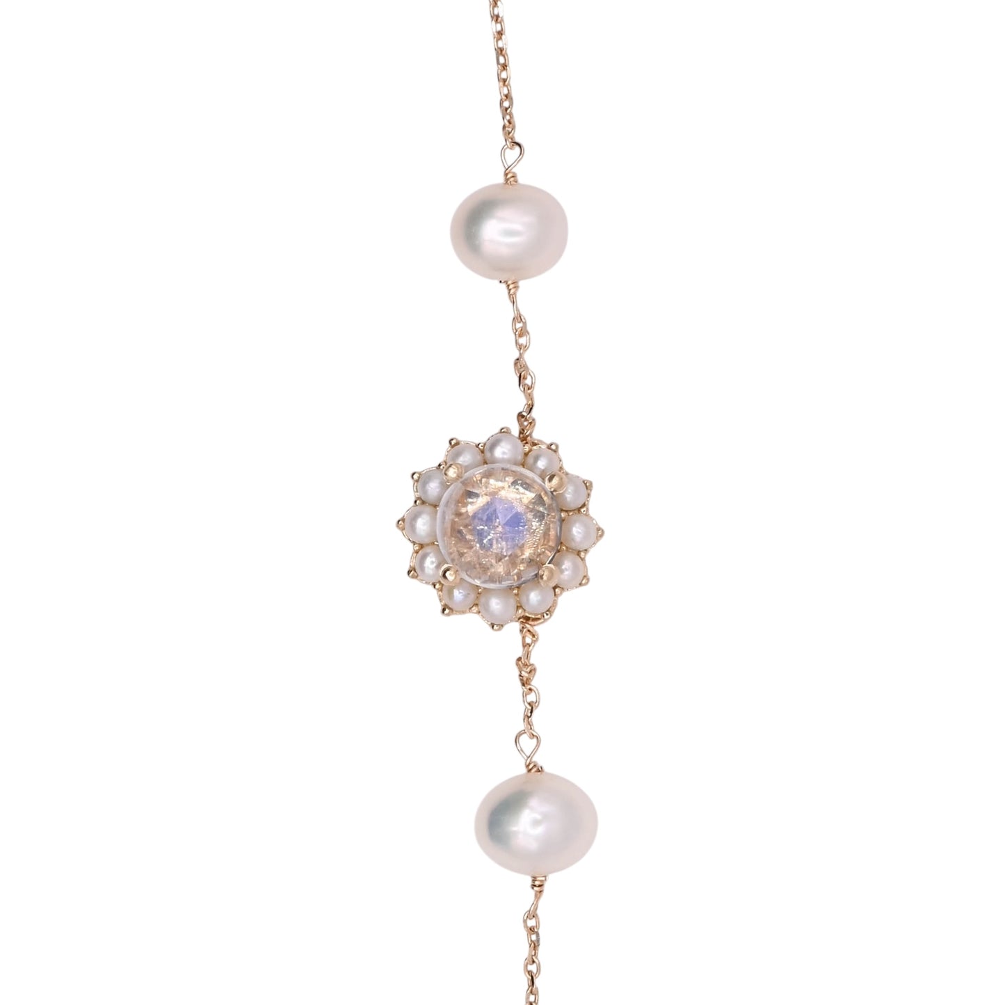 Moonstone with Bead Pearl Halo Necklace 14K Yellow Gold with Station Cultured Pearls 18.5in (Larrea Original)