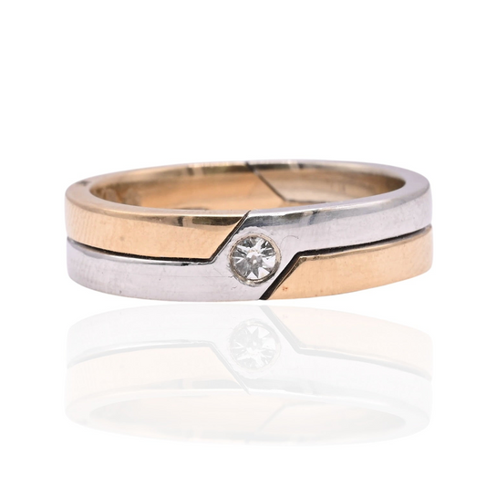 Geometric Two Tone Ring with Diamonds 14K Yellow Gold and White Gold Size 9 0.08cttw