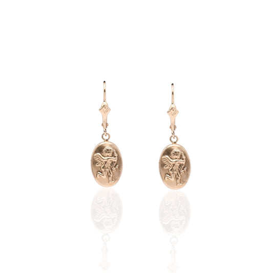 Cupid Angel Dangle Earrings with Lever Backs 14K Yellow Gold