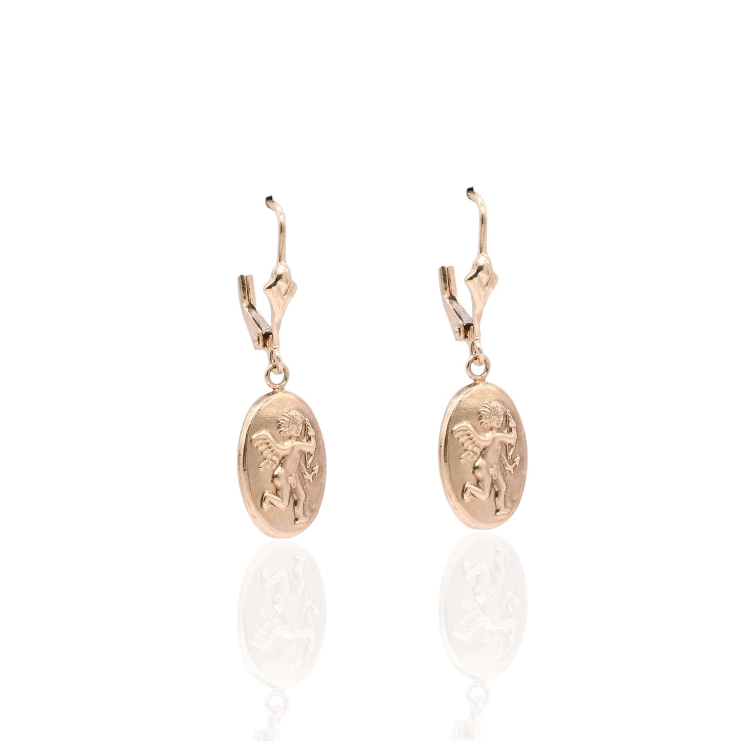 Cupid Angel Dangle Earrings with Lever Backs 14K Yellow Gold