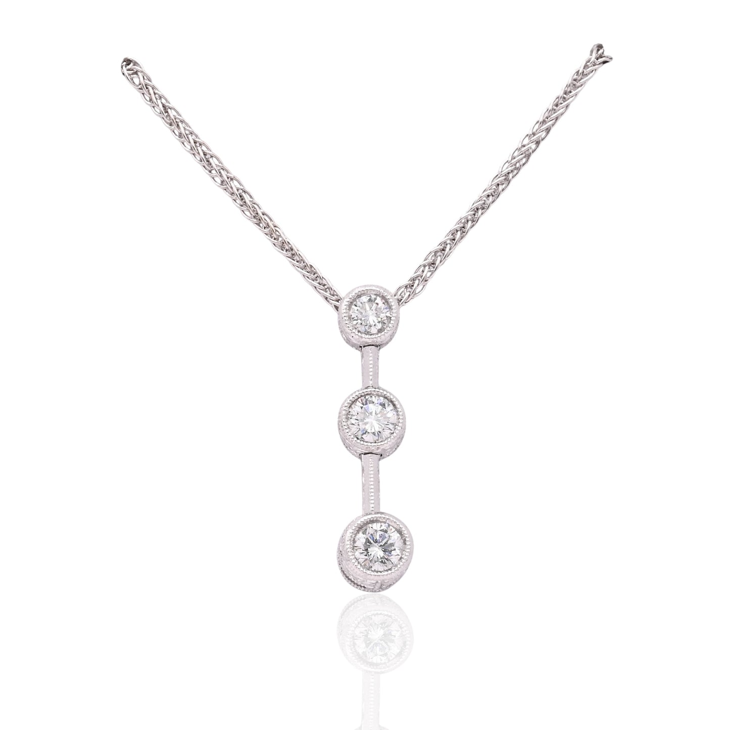 Diamond Cut Three Stone Diamond Bezel Necklace 18K White Gold with Wheat Chain 16in 0.44cttw