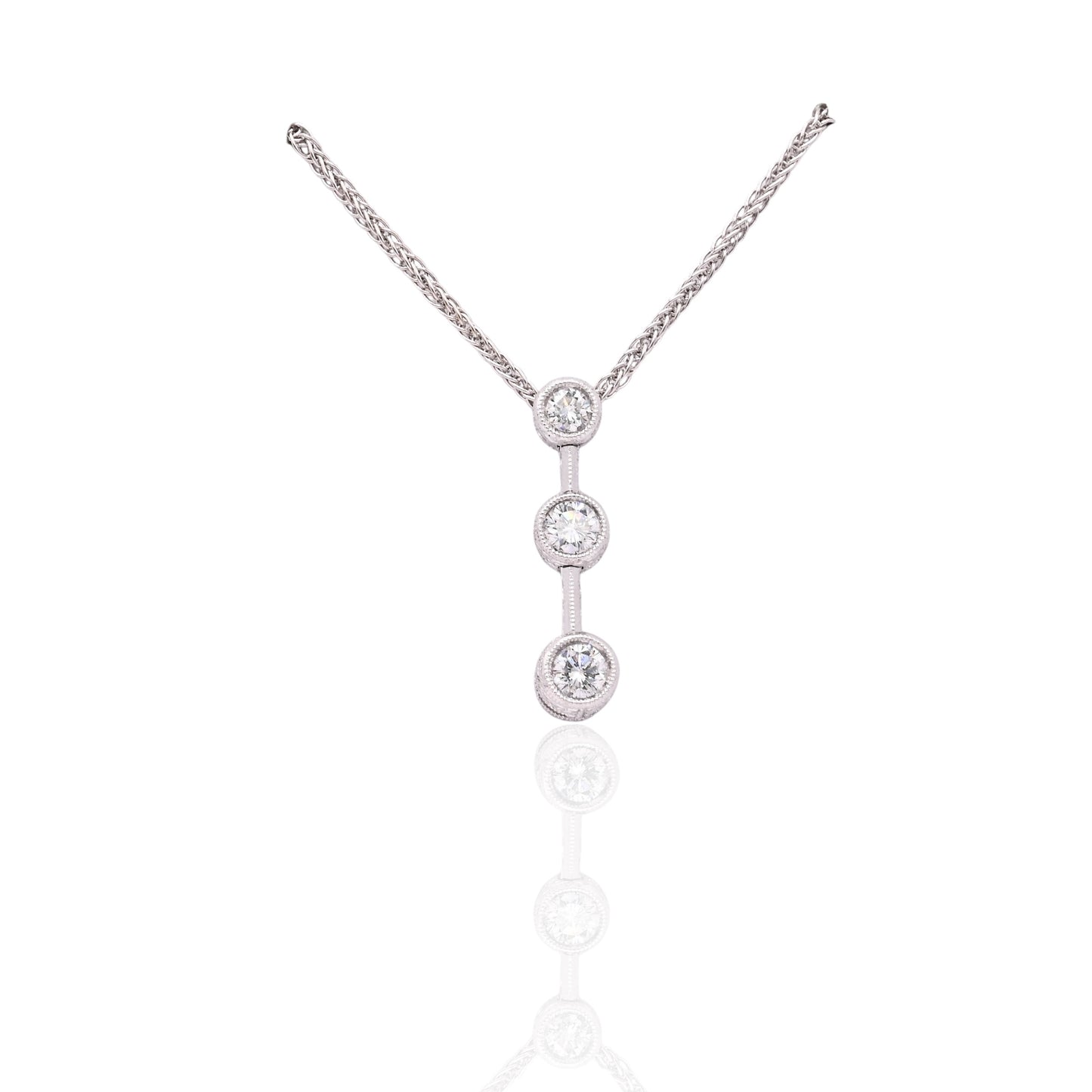 Diamond Cut Three Stone Diamond Bezel Necklace 18K White Gold with Wheat Chain 16in 0.44cttw
