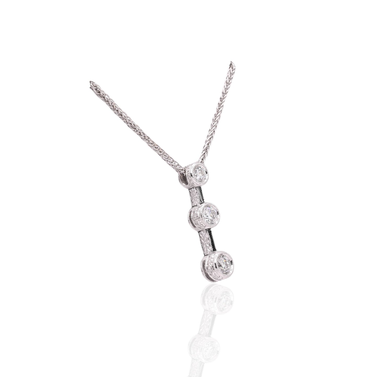 Diamond Cut Three Stone Diamond Bezel Necklace 18K White Gold with Wheat Chain 16in 0.44cttw